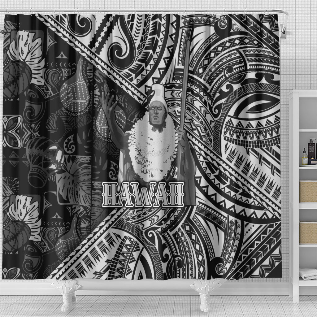 Hawaii King Kamehameha Shower Curtain With Hawaiian Ipu Motifs Black Version LT05 - Polynesian Pride