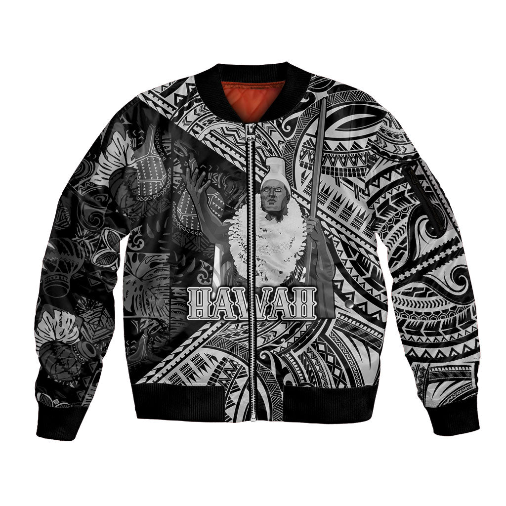 Hawaii King Kamehameha Sleeve Zip Bomber Jacket With Hawaiian Ipu Motifs Black Version LT05 Unisex Black - Polynesian Pride