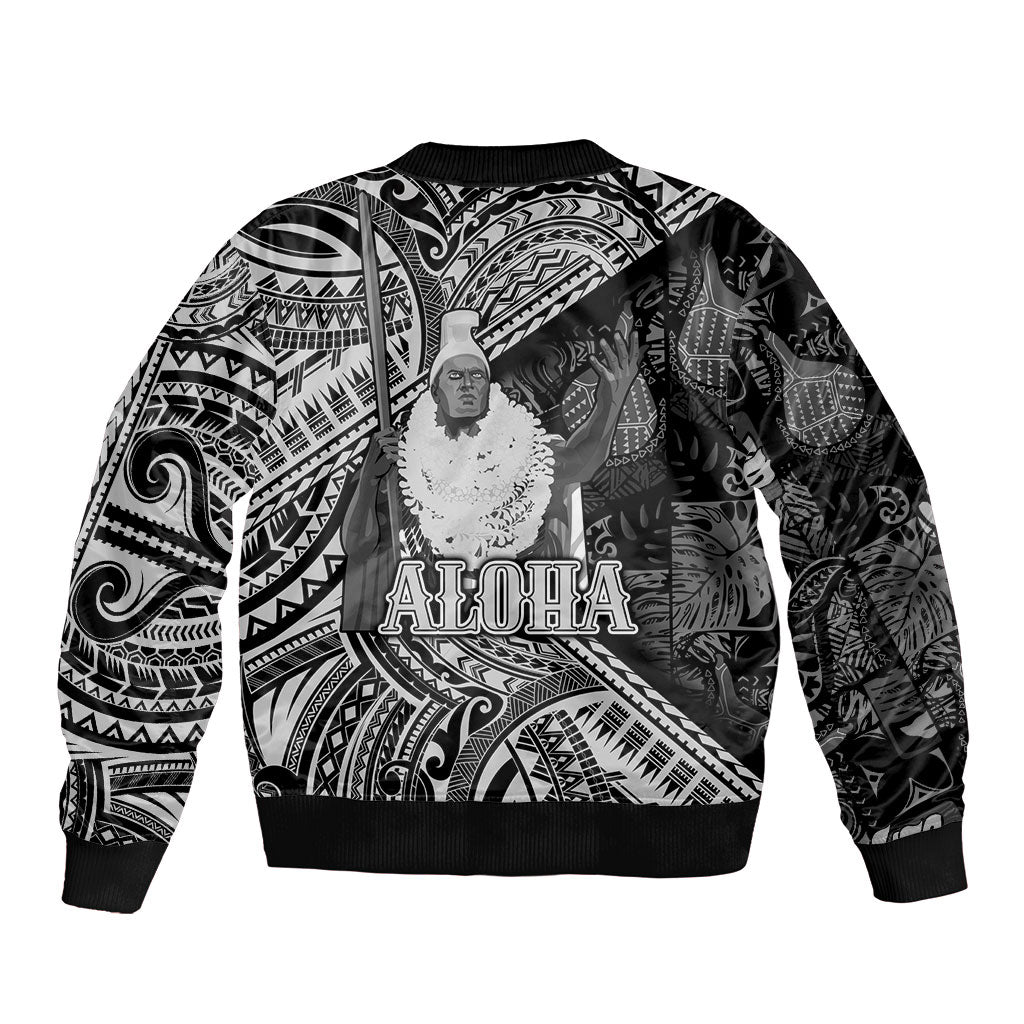 Hawaii King Kamehameha Sleeve Zip Bomber Jacket With Hawaiian Ipu Motifs Black Version LT05 - Polynesian Pride