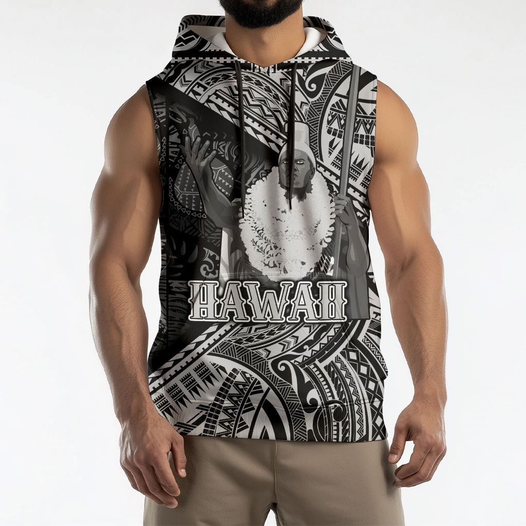 Hawaii King Kamehameha Sleeveless Hoodie With Hawaiian Ipu Motifs Black Version LT05 - Polynesian Pride