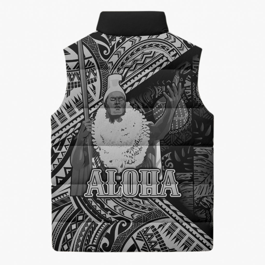 Hawaii King Kamehameha Sleeveless Puffer Jacket With Hawaiian Ipu Motifs Black Version LT05 - Polynesian Pride
