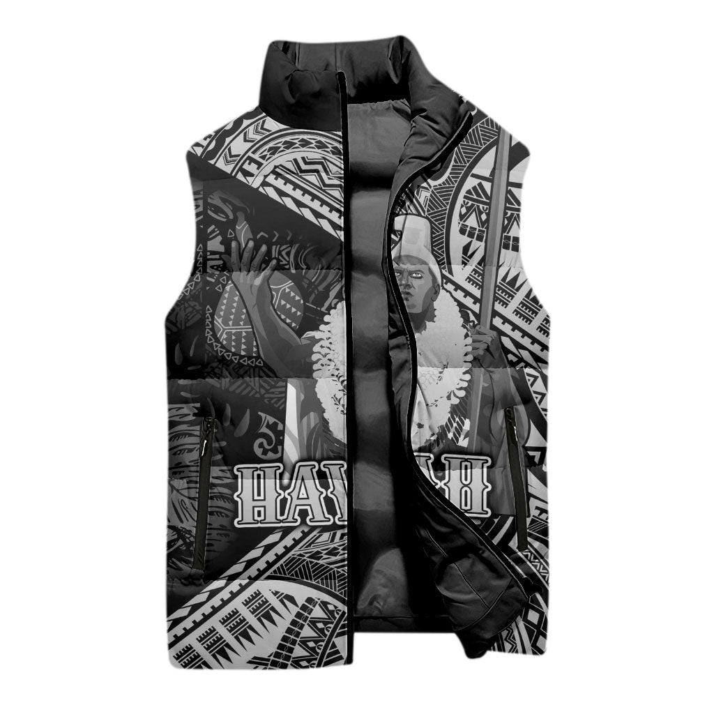 Hawaii King Kamehameha Sleeveless Puffer Jacket With Hawaiian Ipu Motifs Black Version LT05 - Polynesian Pride