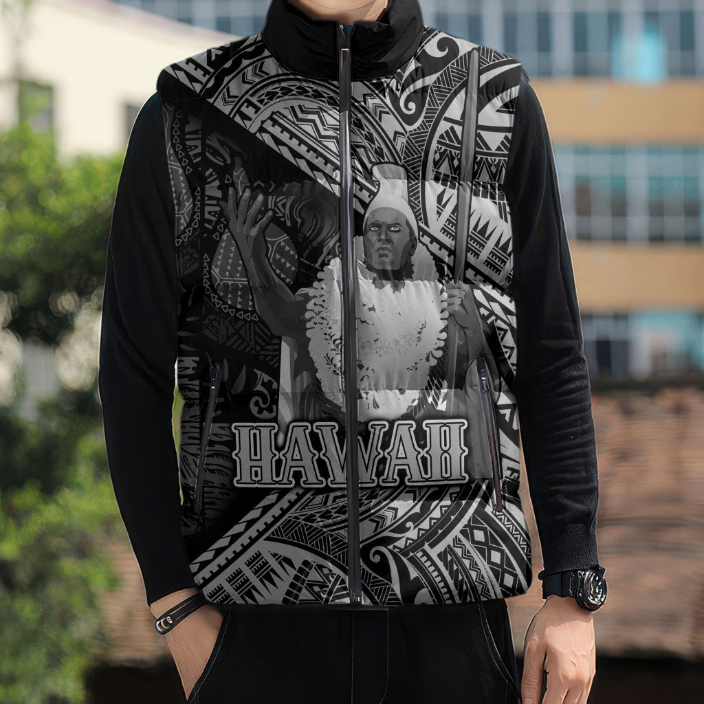 Hawaii King Kamehameha Sleeveless Puffer Jacket With Hawaiian Ipu Motifs Black Version LT05 - Polynesian Pride