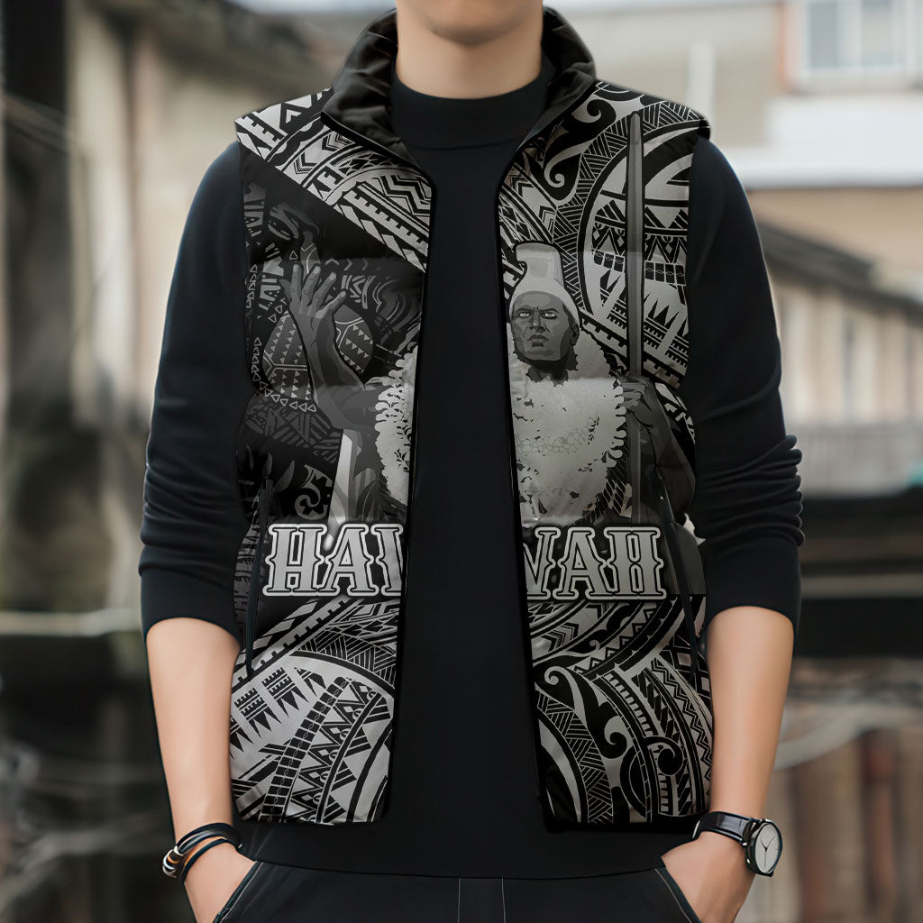 Hawaii King Kamehameha Sleeveless Puffer Jacket With Hawaiian Ipu Motifs Black Version LT05 - Polynesian Pride
