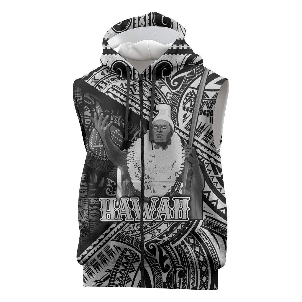 Hawaii King Kamehameha Sleeveless Zip Hoodie With Hawaiian Ipu Motifs Black Version LT05 Black - Polynesian Pride