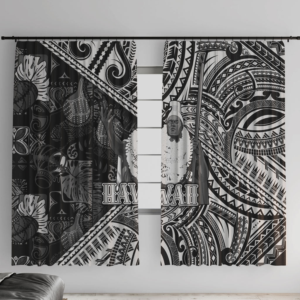 Hawaii King Kamehameha Window Curtain With Hawaiian Ipu Motifs Black Version LT05 With Hooks Black - Polynesian Pride