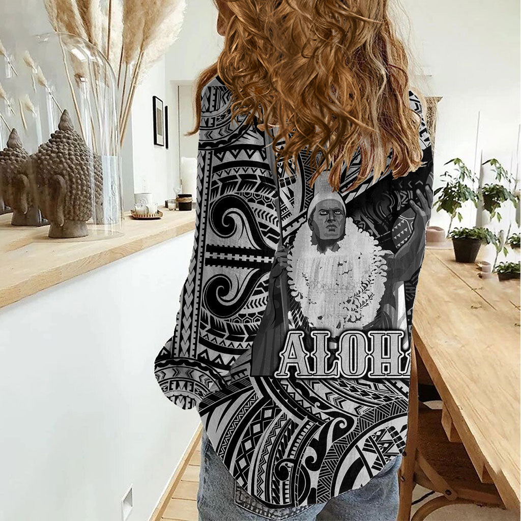 Hawaii King Kamehameha Women Casual Shirt With Hawaiian Ipu Motifs Black Version LT05 - Polynesian Pride