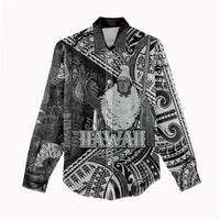Hawaii King Kamehameha Women Casual Shirt With Hawaiian Ipu Motifs Black Version LT05 - Polynesian Pride