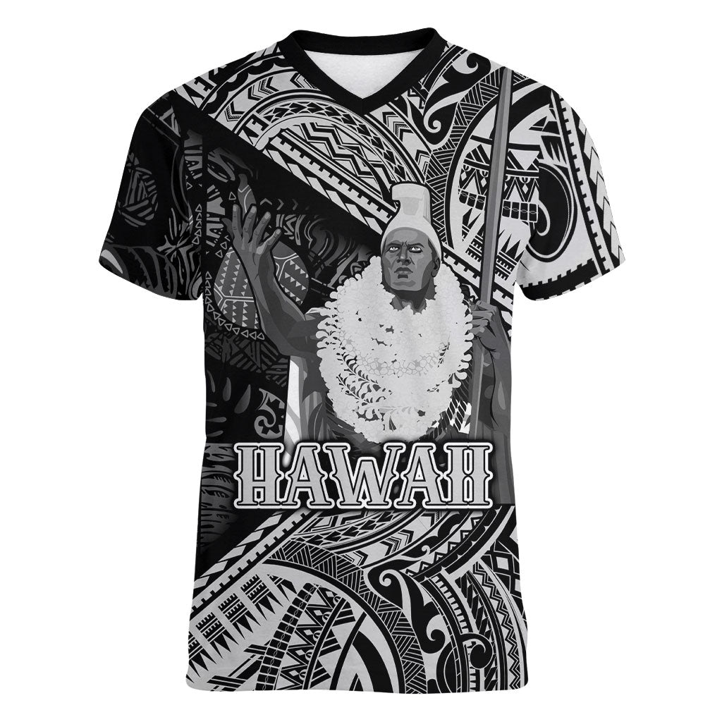 Hawaii King Kamehameha Women V-Neck T-Shirt With Hawaiian Ipu Motifs Black Version LT05 Female Black - Polynesian Pride