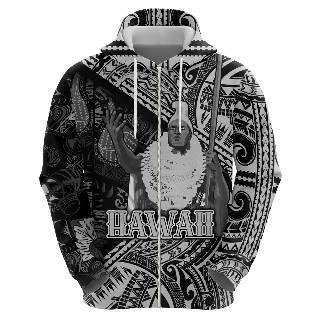 Hawaii King Kamehameha Zip Hoodie With Hawaiian Ipu Motifs Black Version LT05 - Polynesian Pride