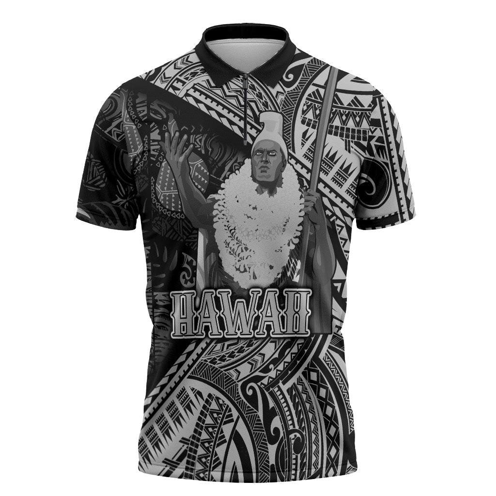Hawaii King Kamehameha Zipper Polo Shirt With Hawaiian Ipu Motifs Black Version LT05 Black - Polynesian Pride