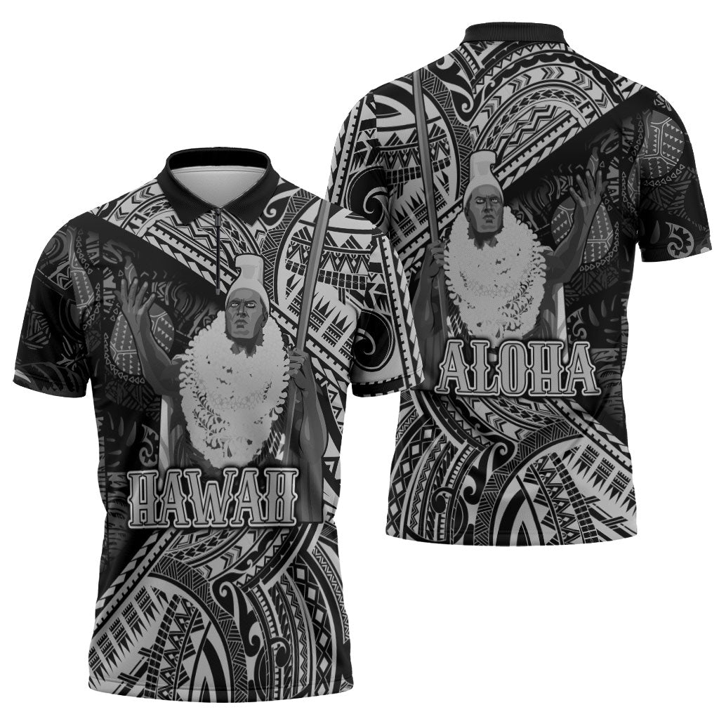 Hawaii King Kamehameha Zipper Polo Shirt With Hawaiian Ipu Motifs Black Version LT05 - Polynesian Pride