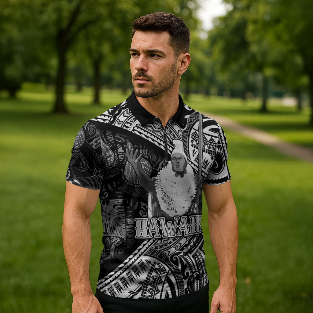 Hawaii King Kamehameha Zipper Polo Shirt With Hawaiian Ipu Motifs Black Version LT05 - Polynesian Pride