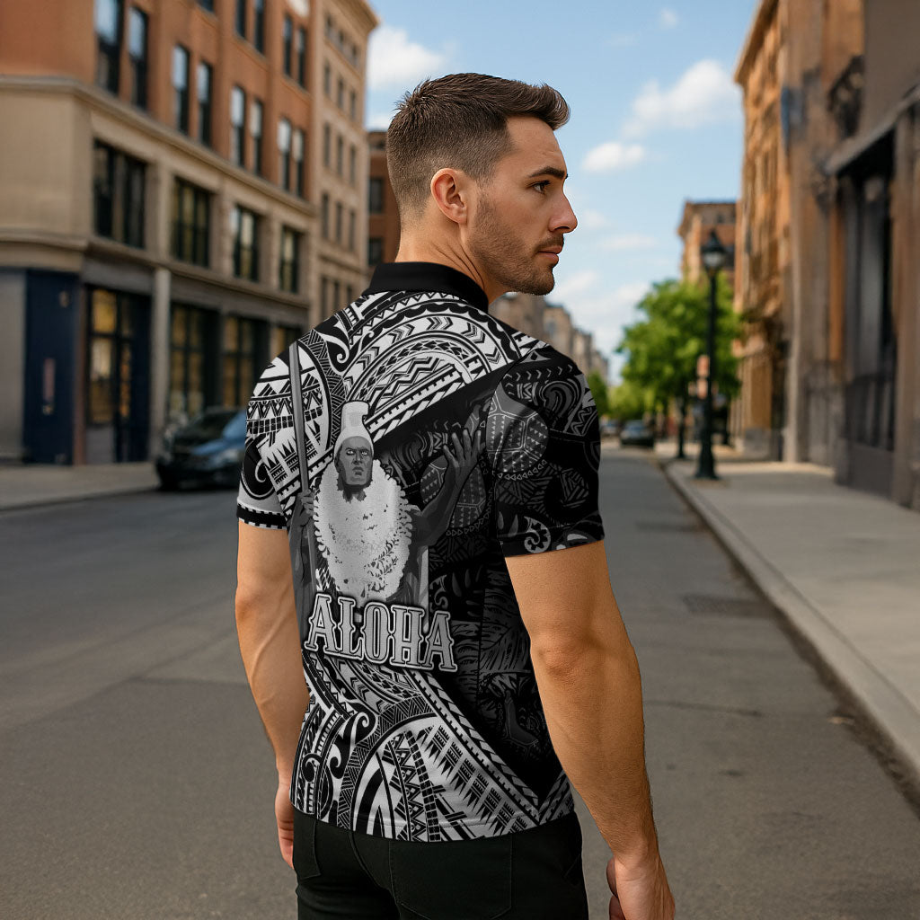 Hawaii King Kamehameha Zipper Polo Shirt With Hawaiian Ipu Motifs Black Version LT05 - Polynesian Pride
