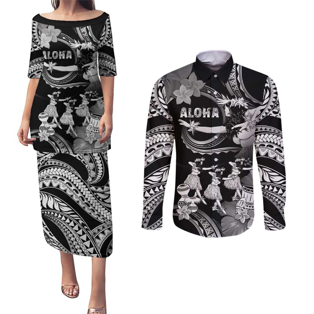 Hawaii Beautiful Hula Dancers Couples Matching Puletasi and Long Sleeve Button Shirt With Ipu Keke And Pahu Drum LT05 Black - Polynesian Pride