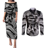 Hawaii Beautiful Hula Dancers Couples Matching Puletasi and Long Sleeve Button Shirt With Ipu Keke And Pahu Drum LT05 Black - Polynesian Pride