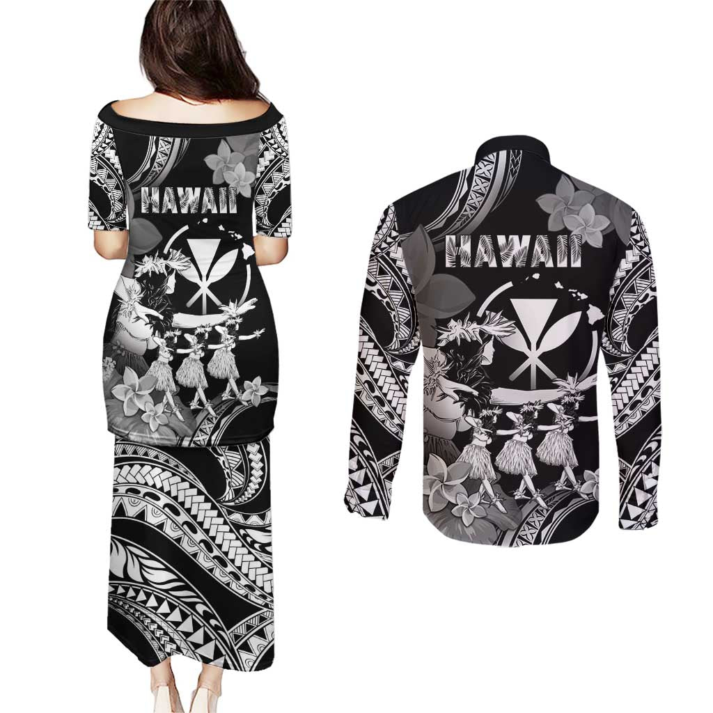 Hawaii Beautiful Hula Dancers Couples Matching Puletasi and Long Sleeve Button Shirt With Ipu Keke And Pahu Drum LT05 - Polynesian Pride
