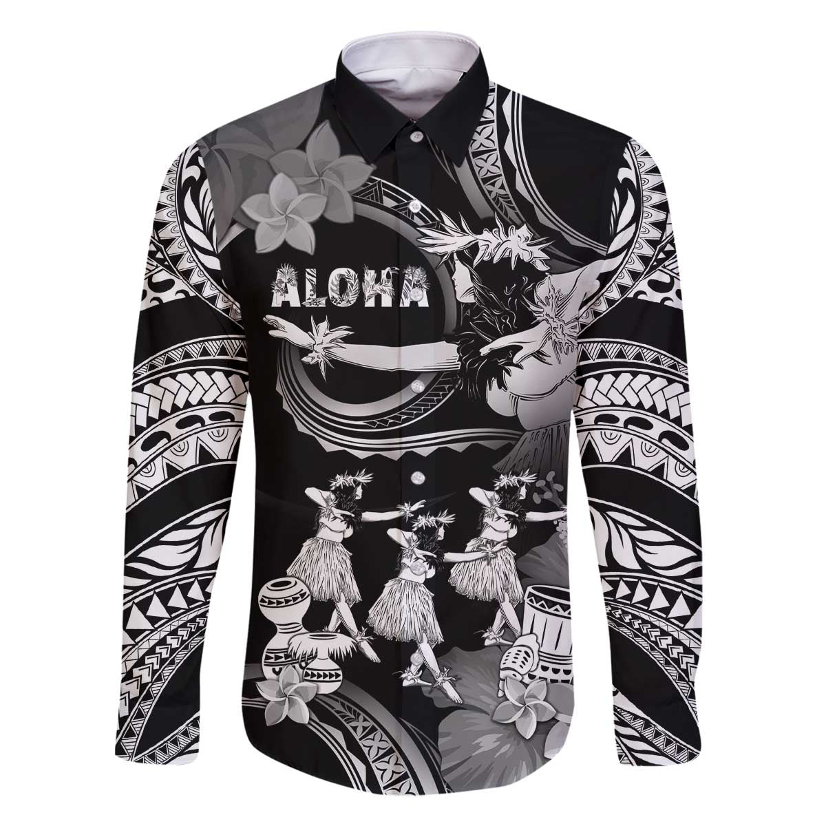 Hawaii Beautiful Hula Dancers Family Matching Off Shoulder Short Dress and Hawaiian Shirt With Ipu Keke And Pahu Drum LT05 Dad's Shirt - Long Sleeve Black - Polynesian Pride