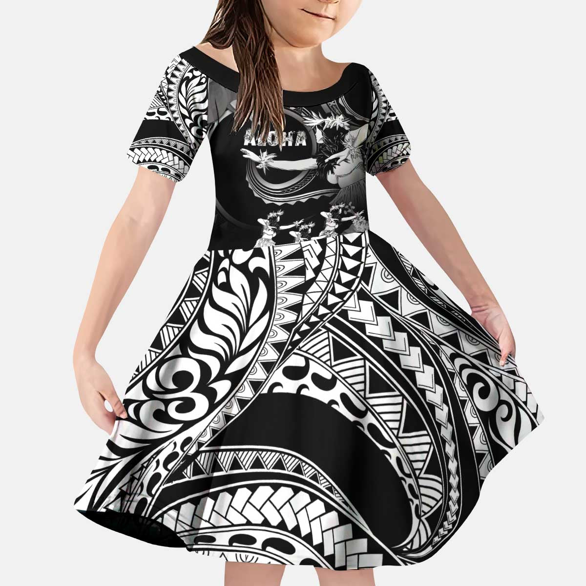 Hawaii Beautiful Hula Dancers Kid Short Sleeve Dress With Ipu Keke And Pahu Drum