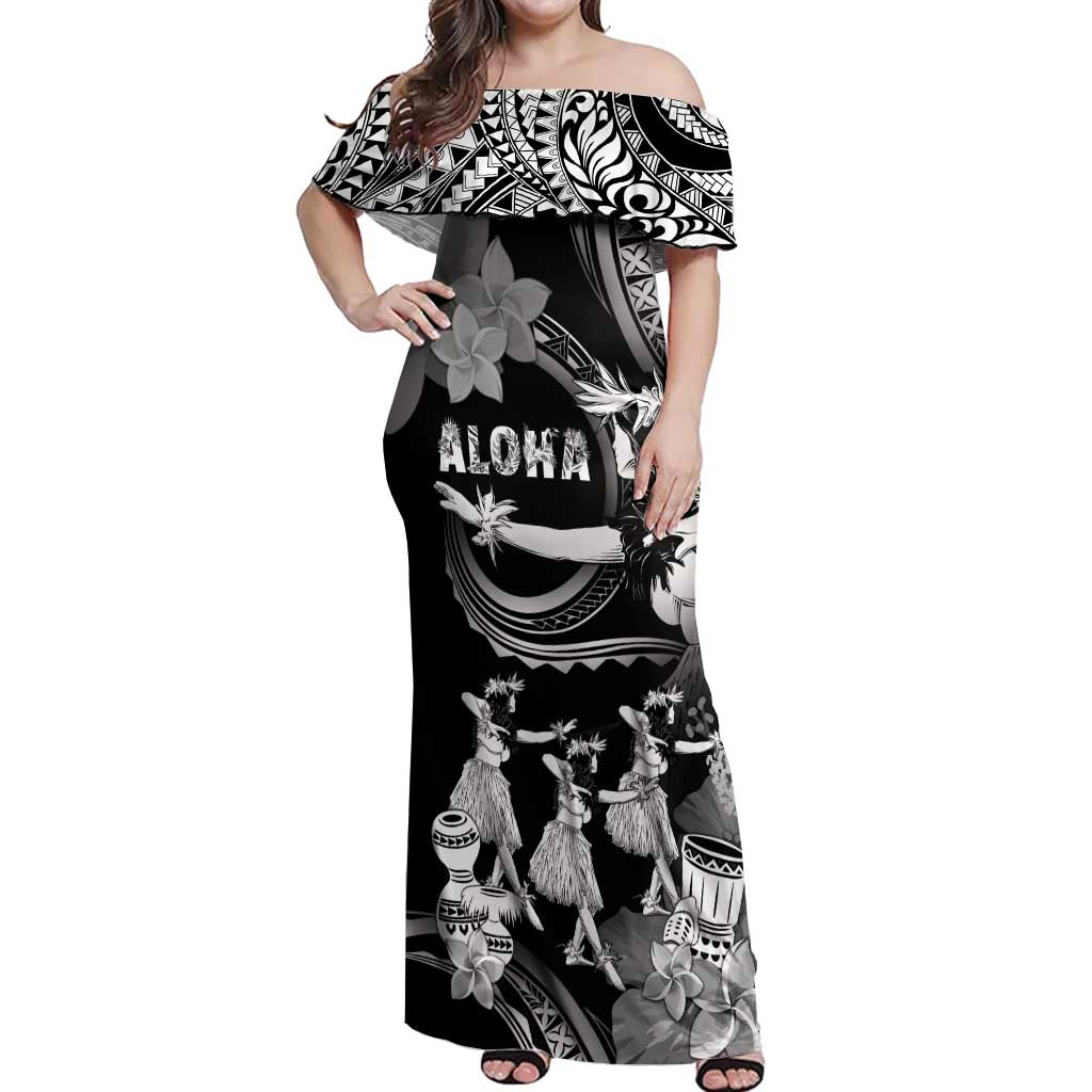 Hawaii Beautiful Hula Dancers Off Shoulder Maxi Dress With Ipu Keke And Pahu Drum LT05 Women Black - Polynesian Pride