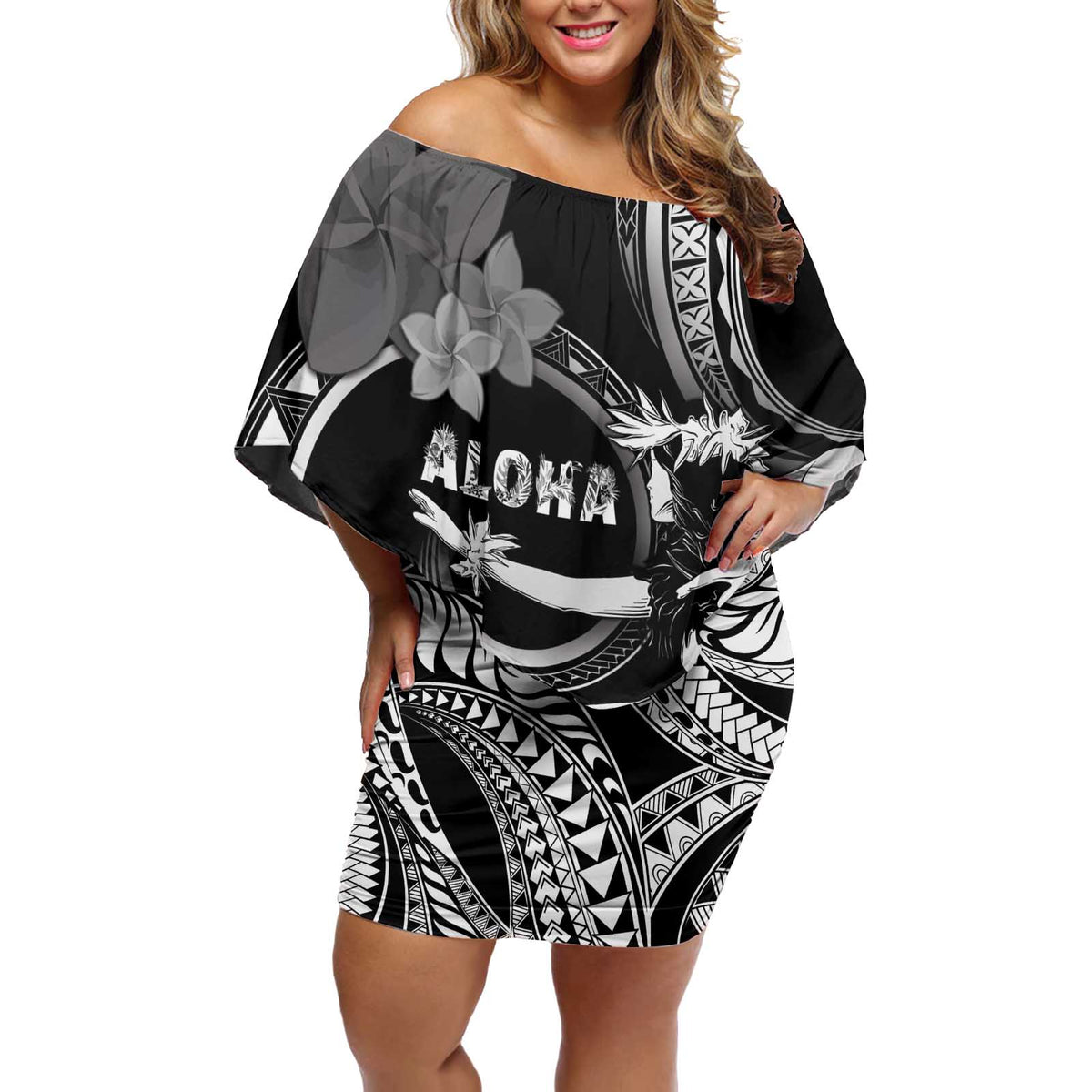 Hawaii Beautiful Hula Dancers Off Shoulder Short Dress With Ipu Keke And Pahu Drum LT05 Women Black - Polynesian Pride