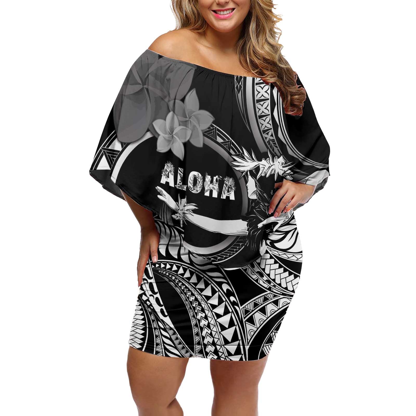 Hawaii Beautiful Hula Dancers Off Shoulder Short Dress With Ipu Keke And Pahu Drum LT05 Women Black - Polynesian Pride