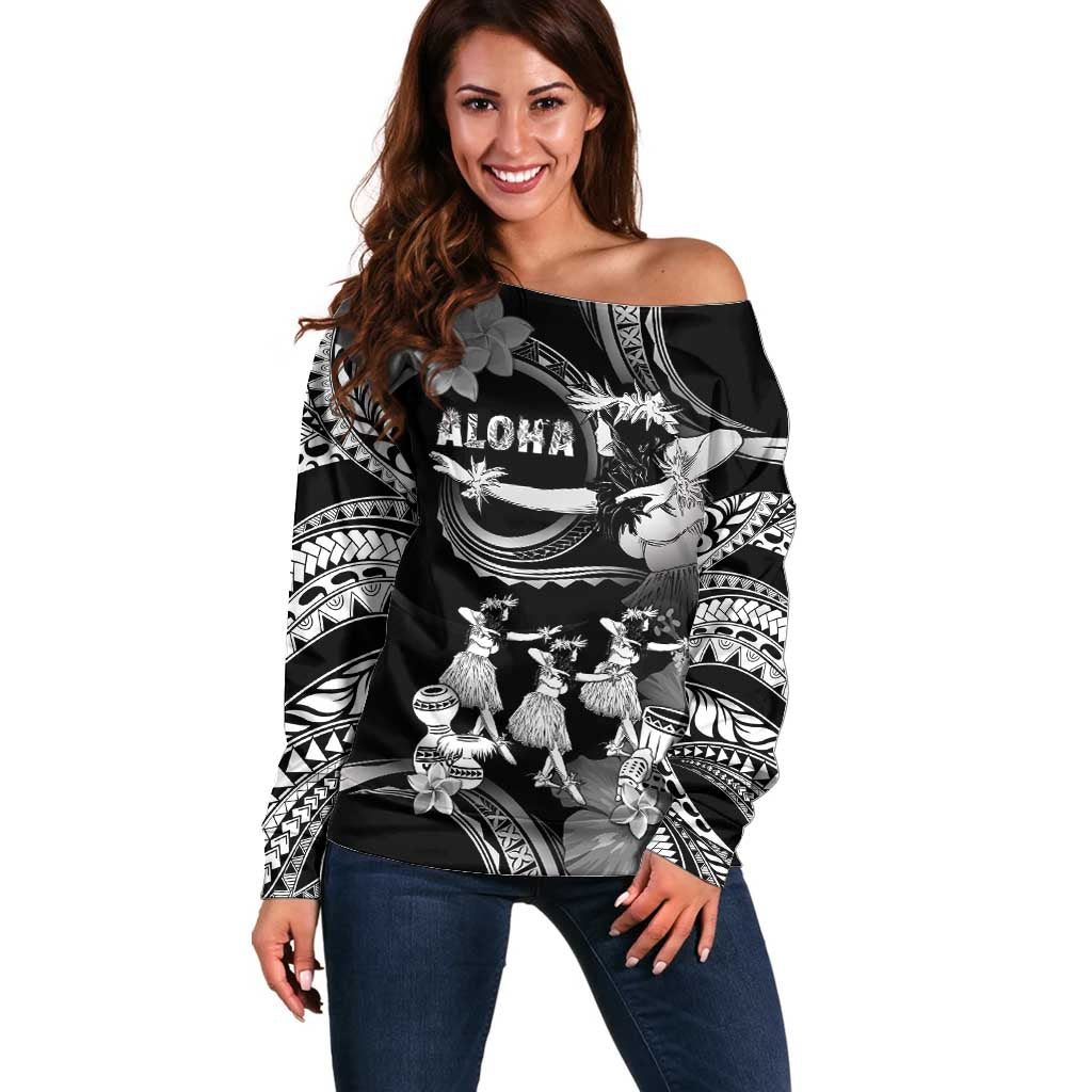 Hawaii Beautiful Hula Dancers Off Shoulder Sweater With Ipu Keke And Pahu Drum