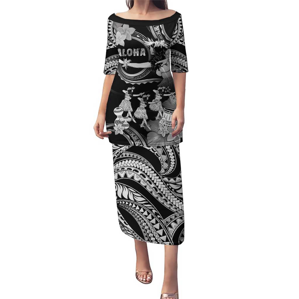 Hawaii Beautiful Hula Dancers Puletasi With Ipu Keke And Pahu Drum LT05 Long Dress Black - Polynesian Pride