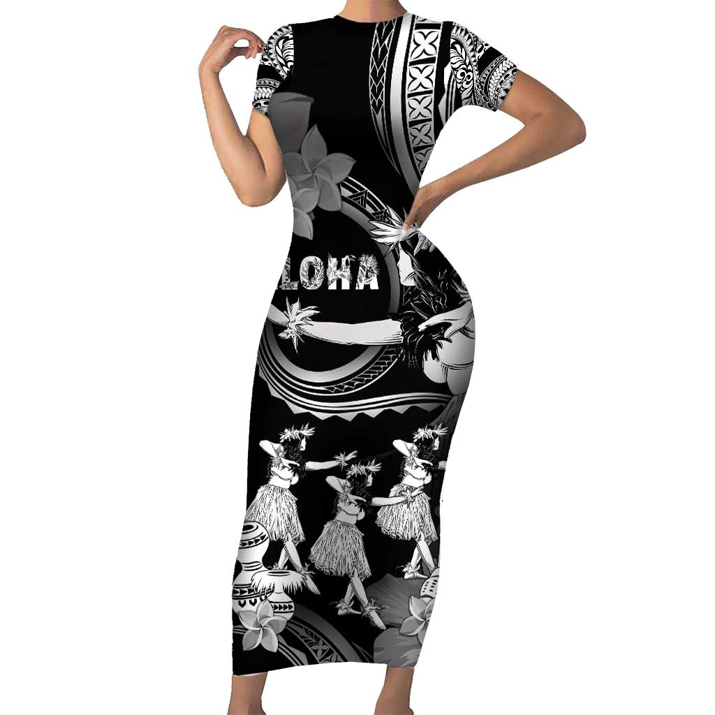 Hawaii Beautiful Hula Dancers Short Sleeve Bodycon Dress With Ipu Keke And Pahu Drum