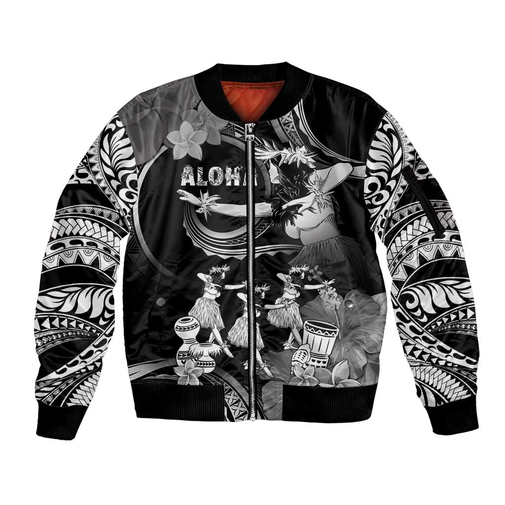 Hawaii Beautiful Hula Dancers Sleeve Zip Bomber Jacket With Ipu Keke And Pahu Drum