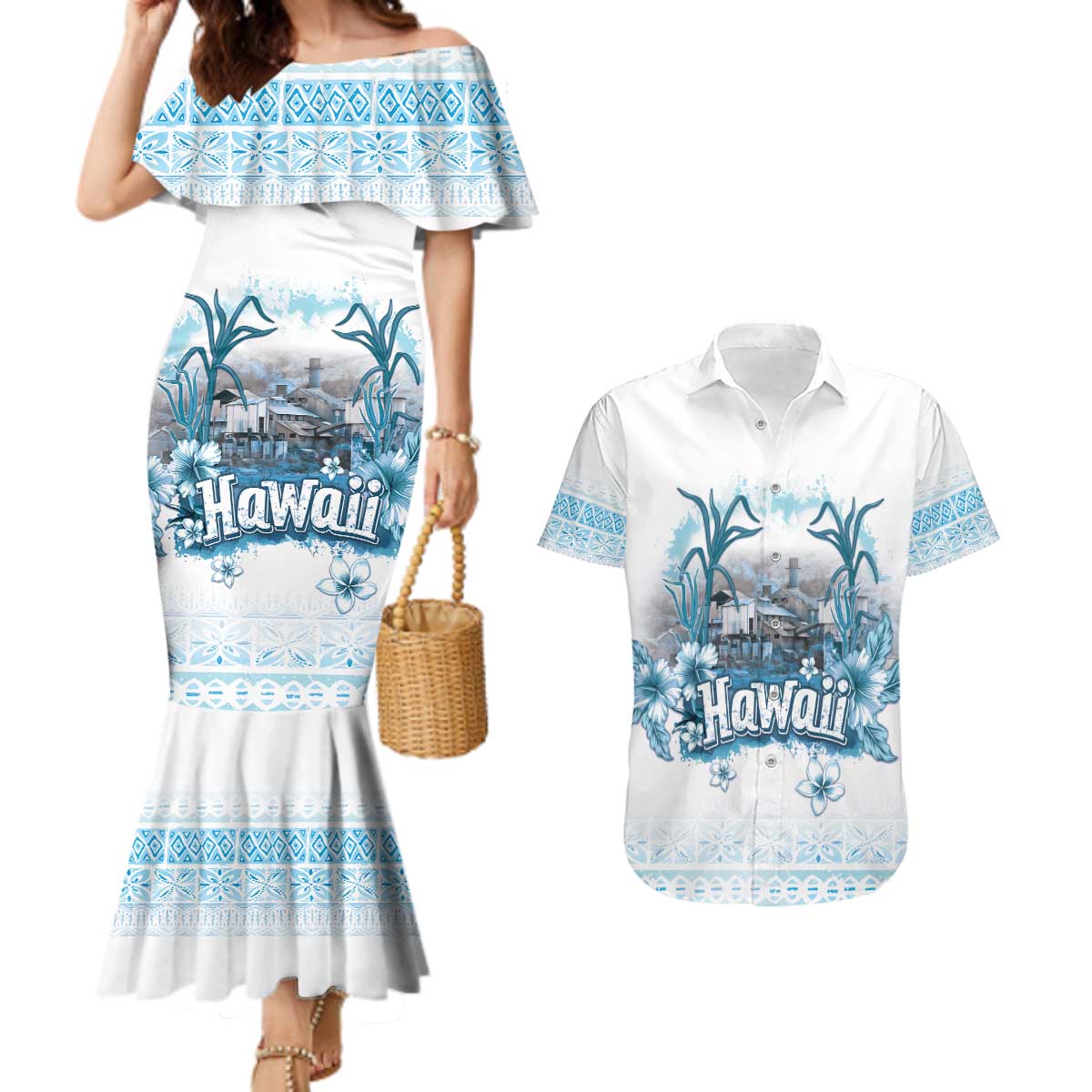 Hawaii Sugar Plantation Couples Matching Mermaid Dress and Hawaiian Shirt With Hawaiian Tapa Pattern