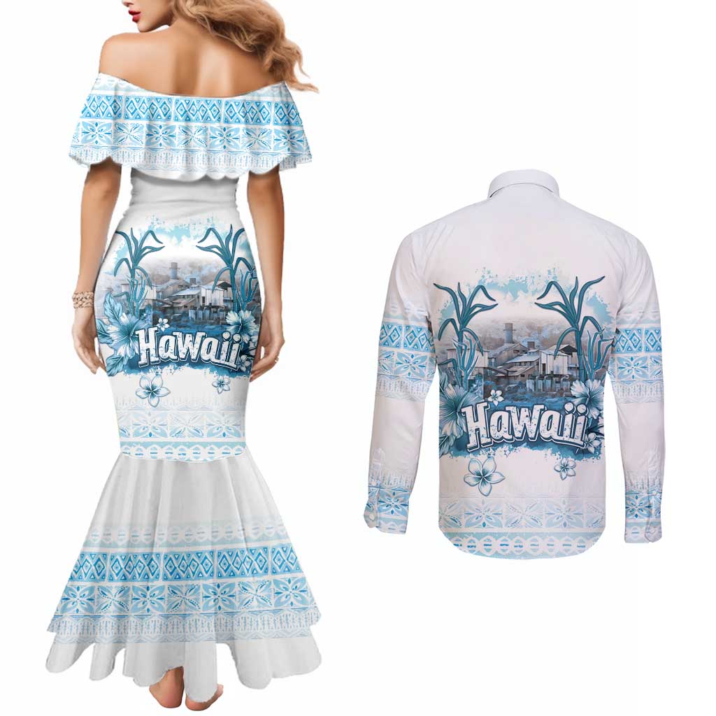 Hawaii Sugar Plantation Couples Matching Mermaid Dress and Long Sleeve Button Shirt With Hawaiian Tapa Pattern LT05 - Polynesian Pride
