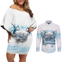 Hawaii Sugar Plantation Couples Matching Off Shoulder Short Dress and Long Sleeve Button Shirt With Hawaiian Tapa Pattern LT05 White - Polynesian Pride