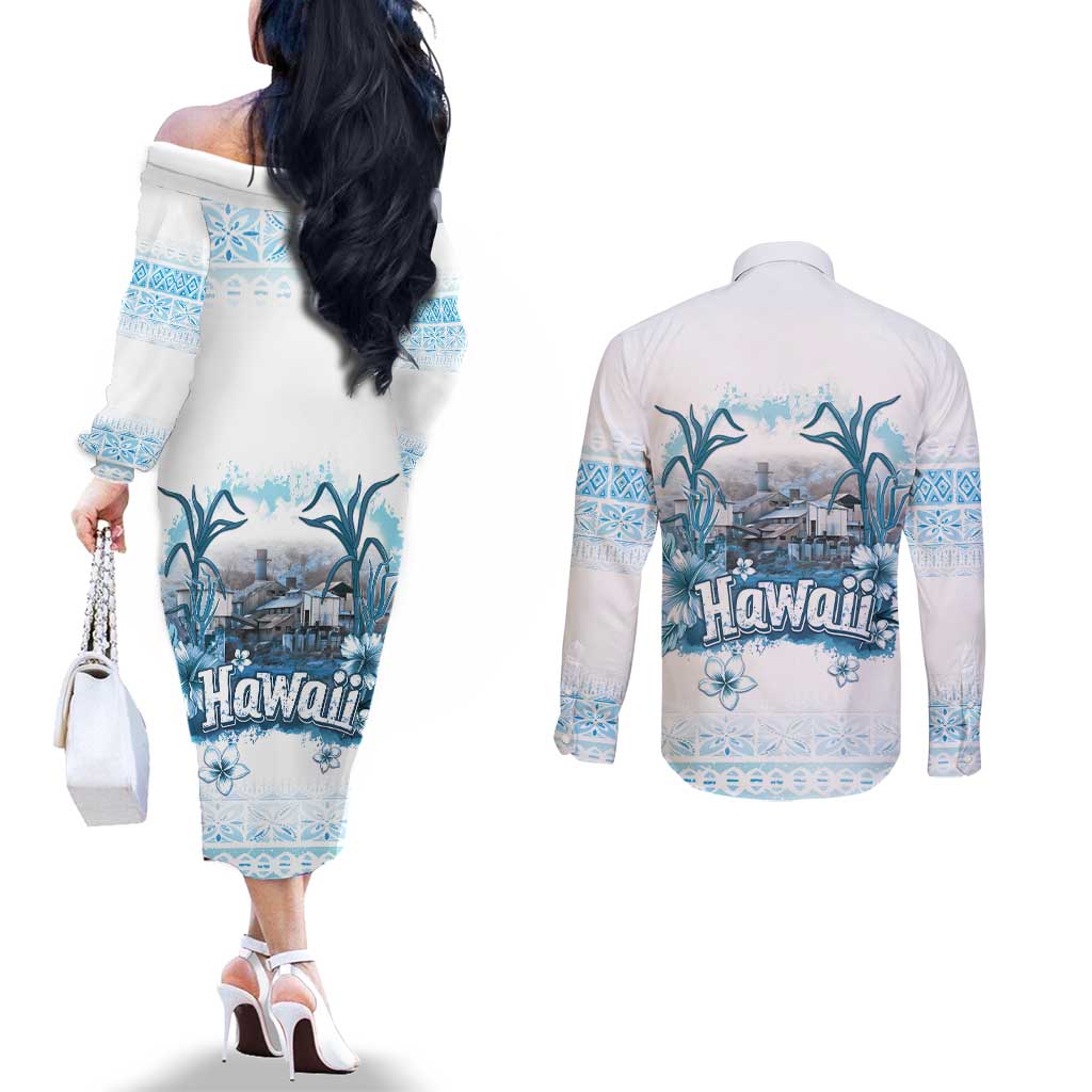 Hawaii Sugar Plantation Couples Matching Off The Shoulder Long Sleeve Dress and Long Sleeve Button Shirt With Hawaiian Tapa Pattern LT05 - Polynesian Pride