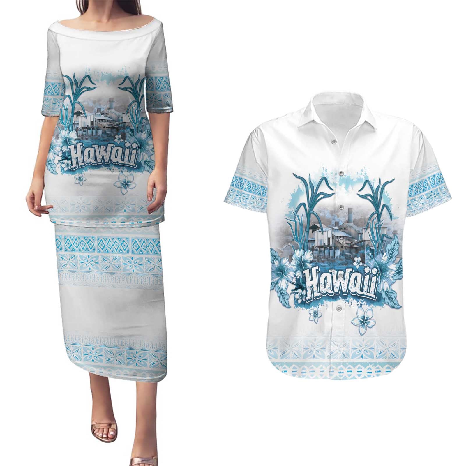 Hawaii Sugar Plantation Couples Matching Puletasi and Hawaiian Shirt With Hawaiian Tapa Pattern LT05 White - Polynesian Pride
