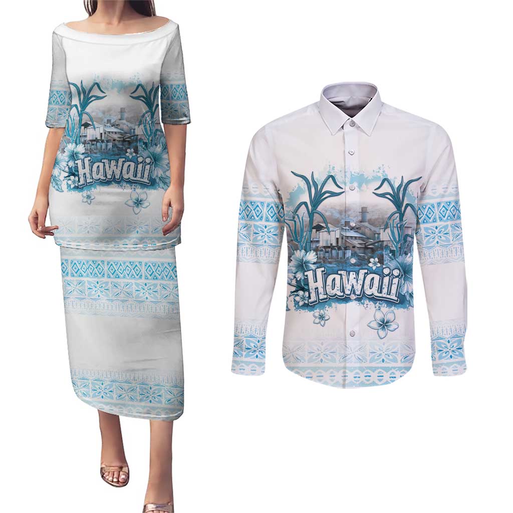 Hawaii Sugar Plantation Couples Matching Puletasi and Long Sleeve Button Shirt With Hawaiian Tapa Pattern LT05 White - Polynesian Pride