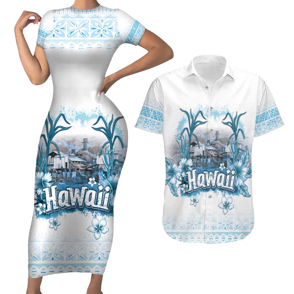 Hawaii Sugar Plantation Couples Matching Short Sleeve Bodycon Dress and Hawaiian Shirt With Hawaiian Tapa Pattern LT05 White - Polynesian Pride