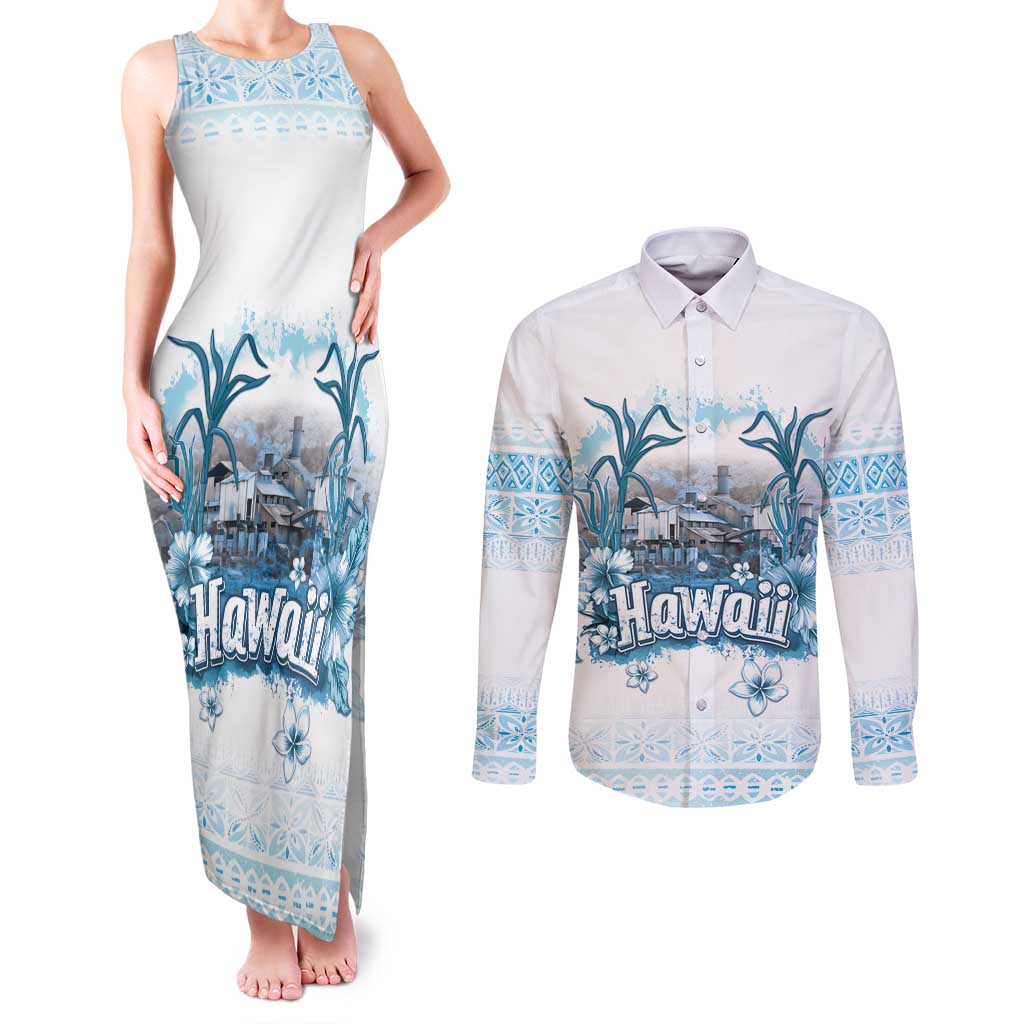 Hawaii Sugar Plantation Couples Matching Tank Maxi Dress and Long Sleeve Button Shirt With Hawaiian Tapa Pattern LT05 White - Polynesian Pride