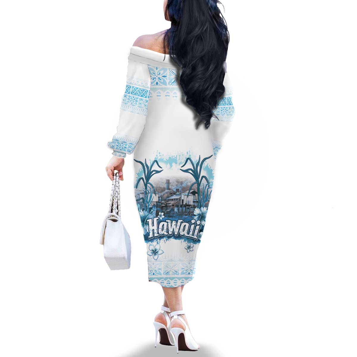 Hawaii Sugar Plantation Family Matching Off The Shoulder Long Sleeve Dress and Hawaiian Shirt With Hawaiian Tapa Pattern