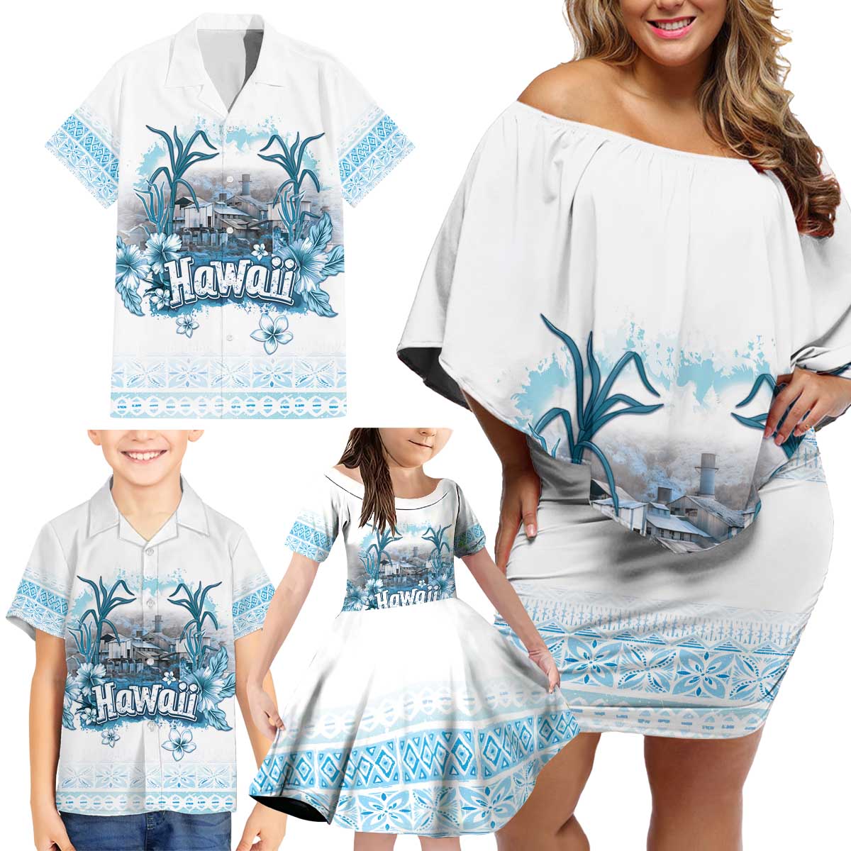 Hawaii Sugar Plantation Family Matching Off Shoulder Short Dress and Hawaiian Shirt With Hawaiian Tapa Pattern