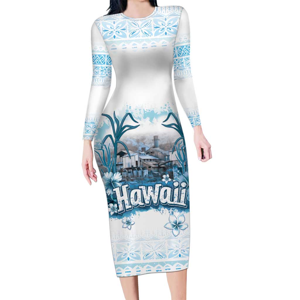 Hawaii Sugar Plantation Long Sleeve Bodycon Dress With Hawaiian Tapa Pattern