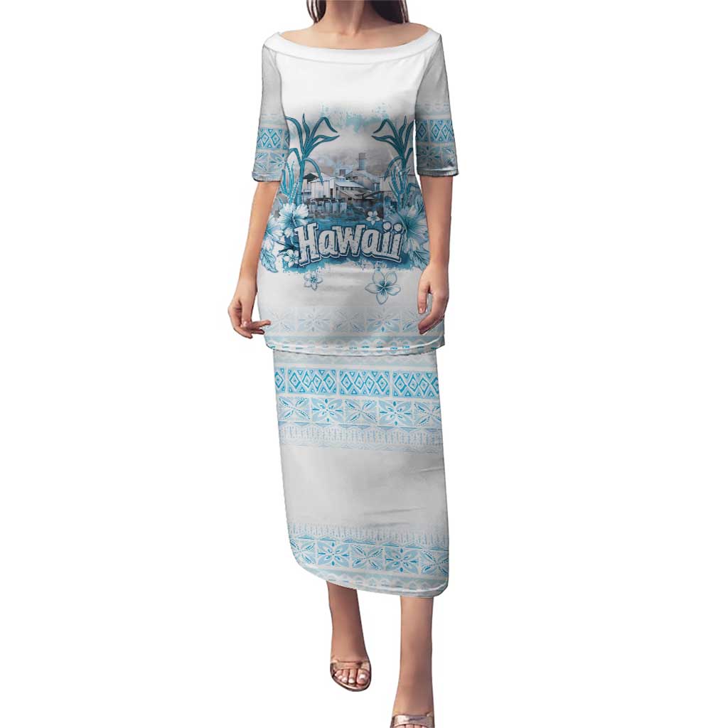 Hawaii Sugar Plantation Puletasi With Hawaiian Tapa Pattern LT05 Long Dress White - Polynesian Pride