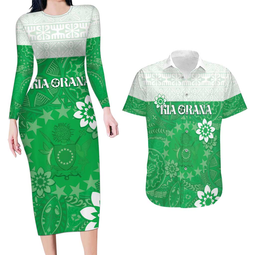 Cook Islands Maori Language Week Couples Matching Long Sleeve Bodycon Dress and Hawaiian Shirt Pacific Tapa Pattern LT05 Green - Polynesian Pride