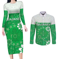 Cook Islands Maori Language Week Couples Matching Long Sleeve Bodycon Dress and Long Sleeve Button Shirt Pacific Tapa Pattern LT05 Green - Polynesian Pride