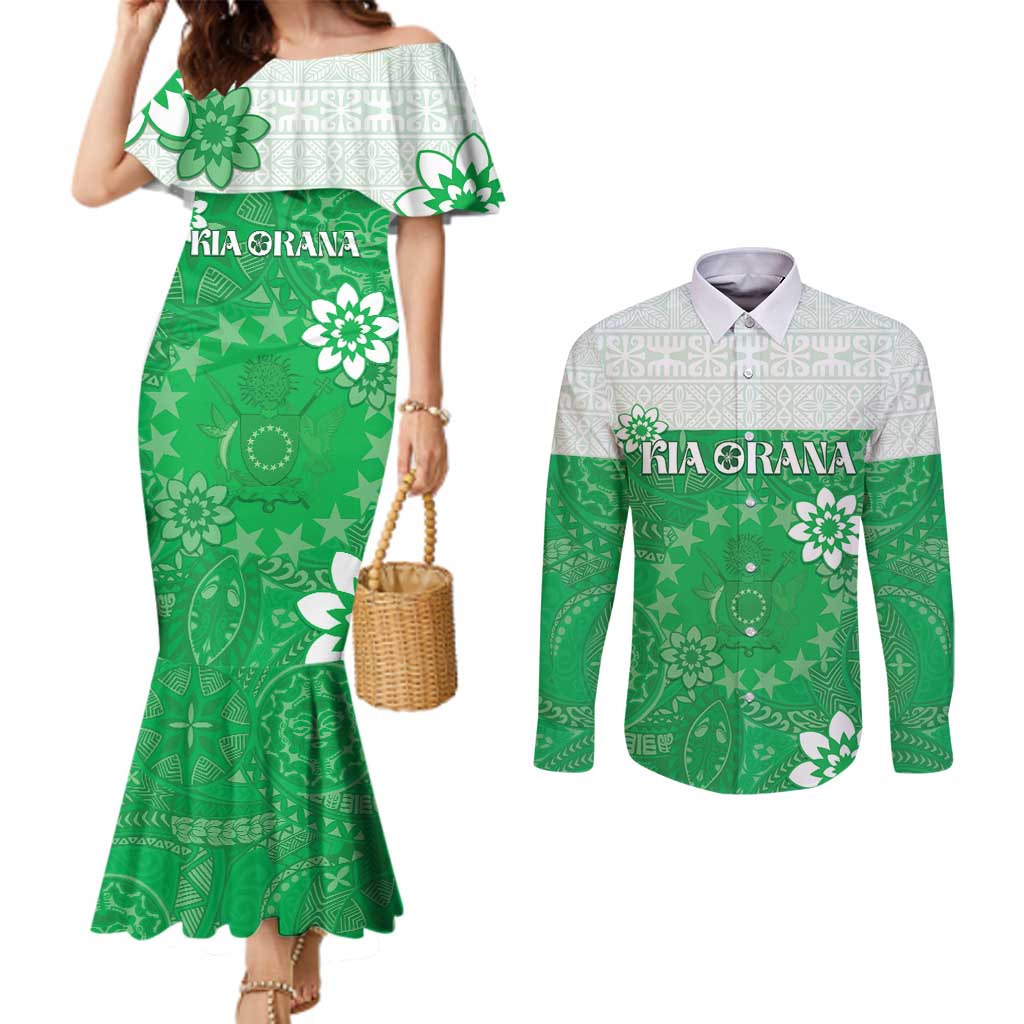 Cook Islands Maori Language Week Couples Matching Mermaid Dress and Long Sleeve Button Shirt Pacific Tapa Pattern LT05 Green - Polynesian Pride