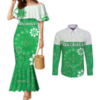 Cook Islands Maori Language Week Couples Matching Mermaid Dress and Long Sleeve Button Shirt Pacific Tapa Pattern LT05 Green - Polynesian Pride
