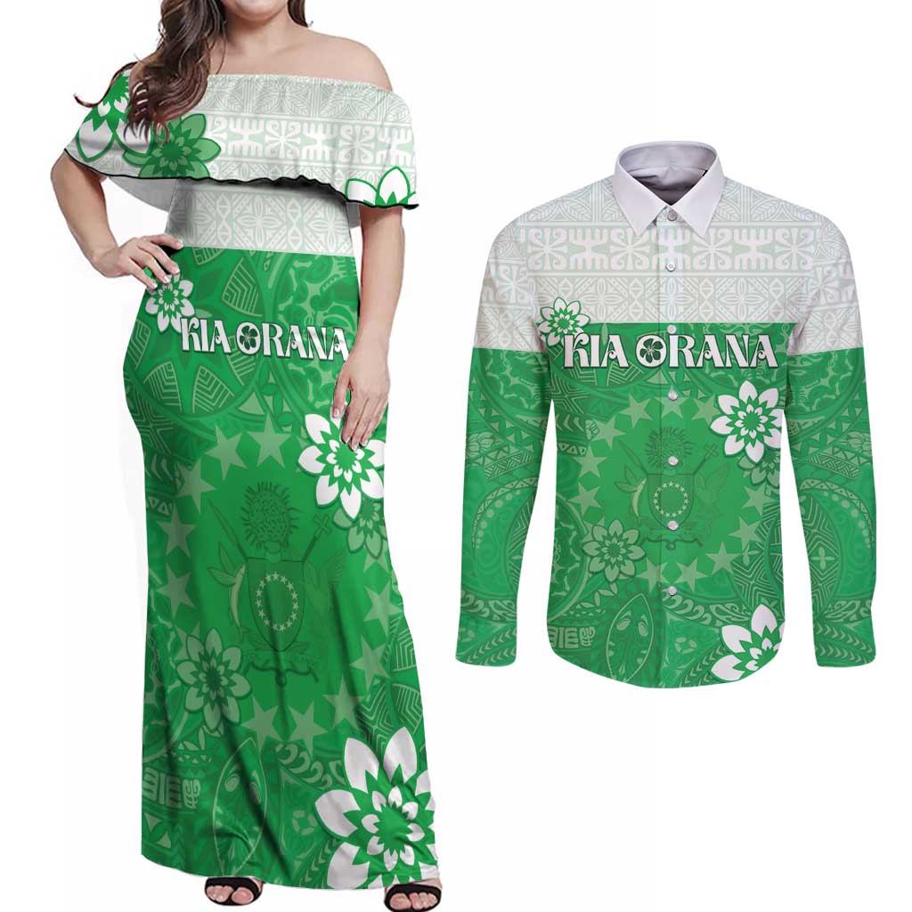 Cook Islands Maori Language Week Couples Matching Off Shoulder Maxi Dress and Long Sleeve Button Shirt Pacific Tapa Pattern LT05 Green - Polynesian Pride
