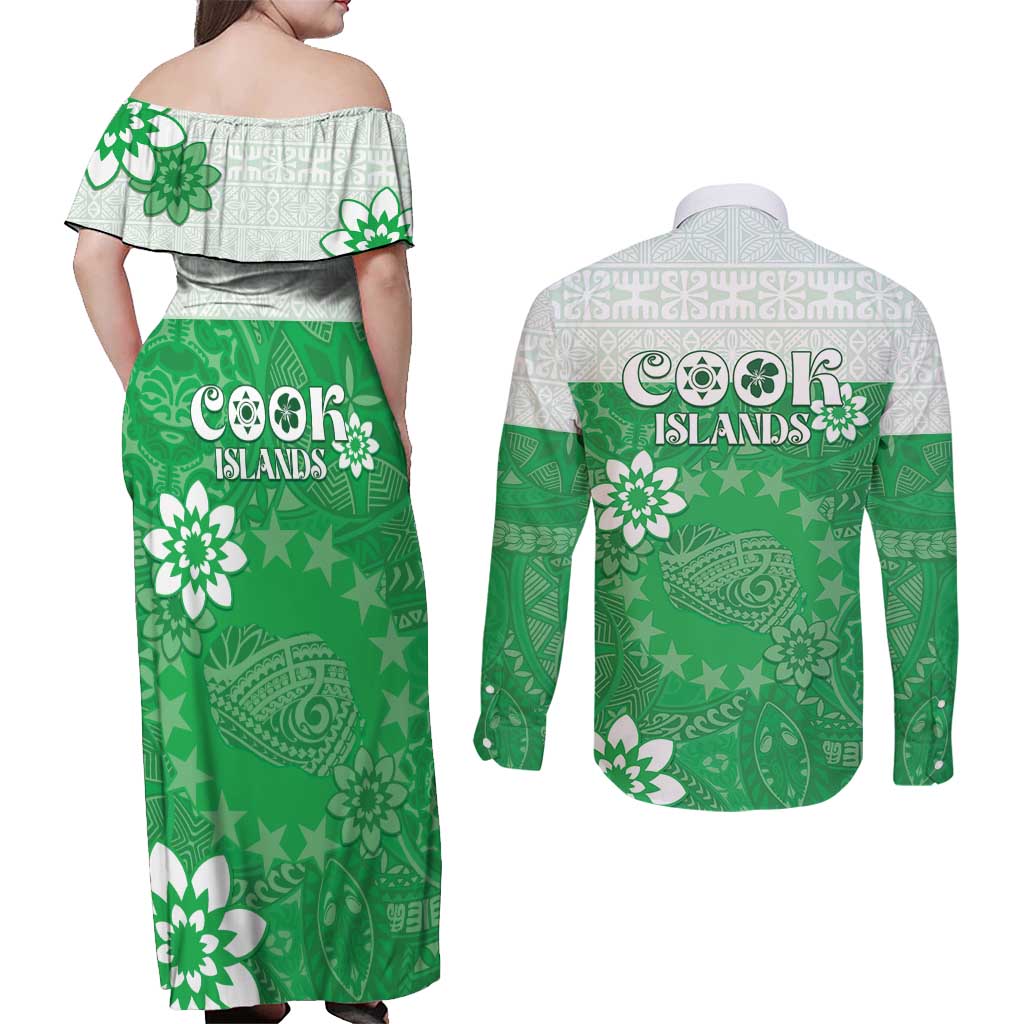 Cook Islands Maori Language Week Couples Matching Off Shoulder Maxi Dress and Long Sleeve Button Shirt Pacific Tapa Pattern LT05 - Polynesian Pride