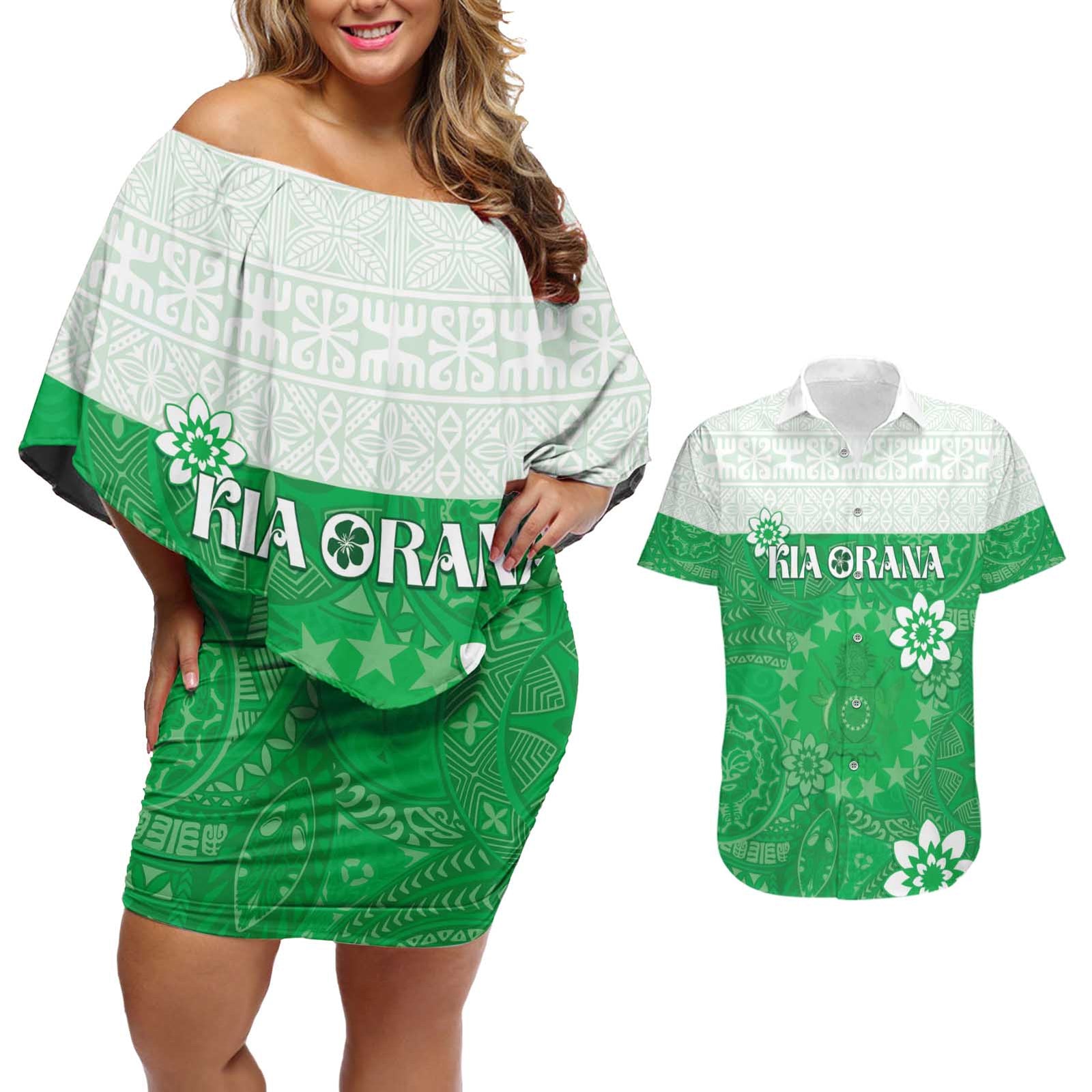 Cook Islands Maori Language Week Couples Matching Off Shoulder Short Dress and Hawaiian Shirt Pacific Tapa Pattern LT05 Green - Polynesian Pride