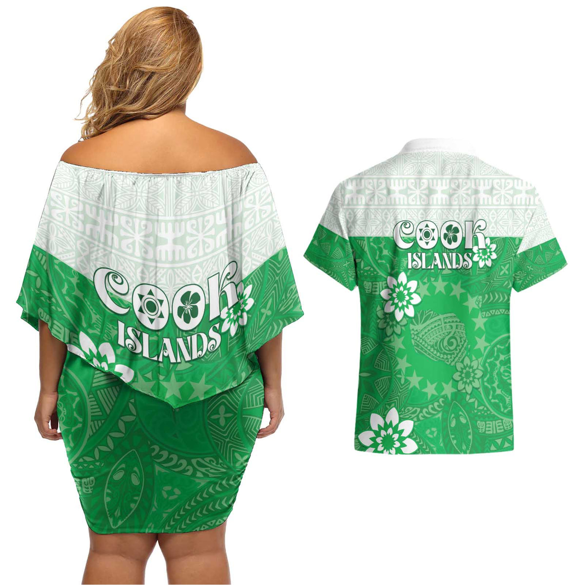 Cook Islands Maori Language Week Couples Matching Off Shoulder Short Dress and Hawaiian Shirt Pacific Tapa Pattern LT05 - Polynesian Pride